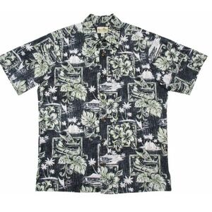 Men🌺 Hawaiian Kayak & Hibiscus 100% Cotton Aloha Shirt, size XL black gray green